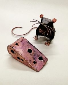 Emily Stone copper mouse and cheese sculpture
