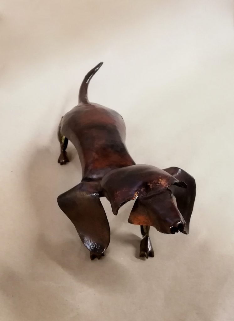 Emily Stone copper dog Dachshund sculpture