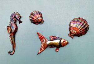 Emily Stone Copper Fish Seahorse Clam Shell Sculpture Group