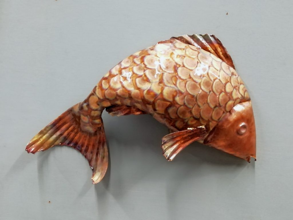 Emily Stone copper leaping fish sculpture
