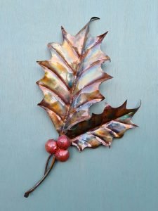 Emily Stone Copper Christmas Holly Leaf Sculpture pair large