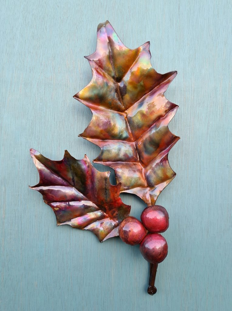 Emily Stone Copper Christmas Holly Leaf Sculpture pair medium
