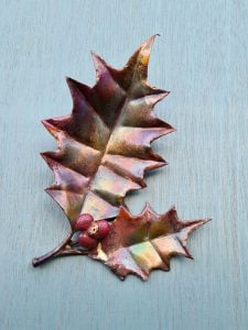 Emily Stone Copper Christmas Holly Leaf Sculpture pair small