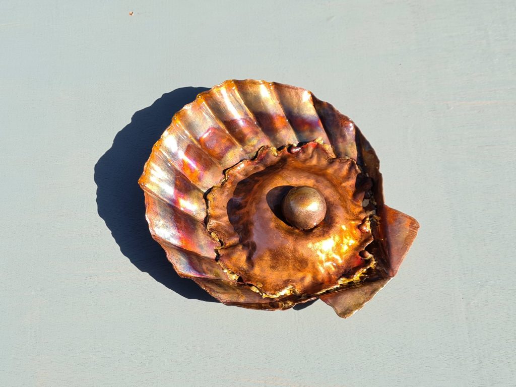 Emily Stone copper clam shell with pearl sculpture