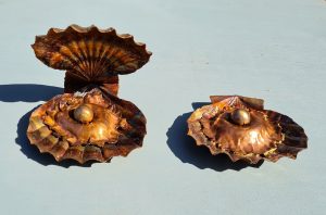 Emily Stone copper clam shells with pearl sculpture both