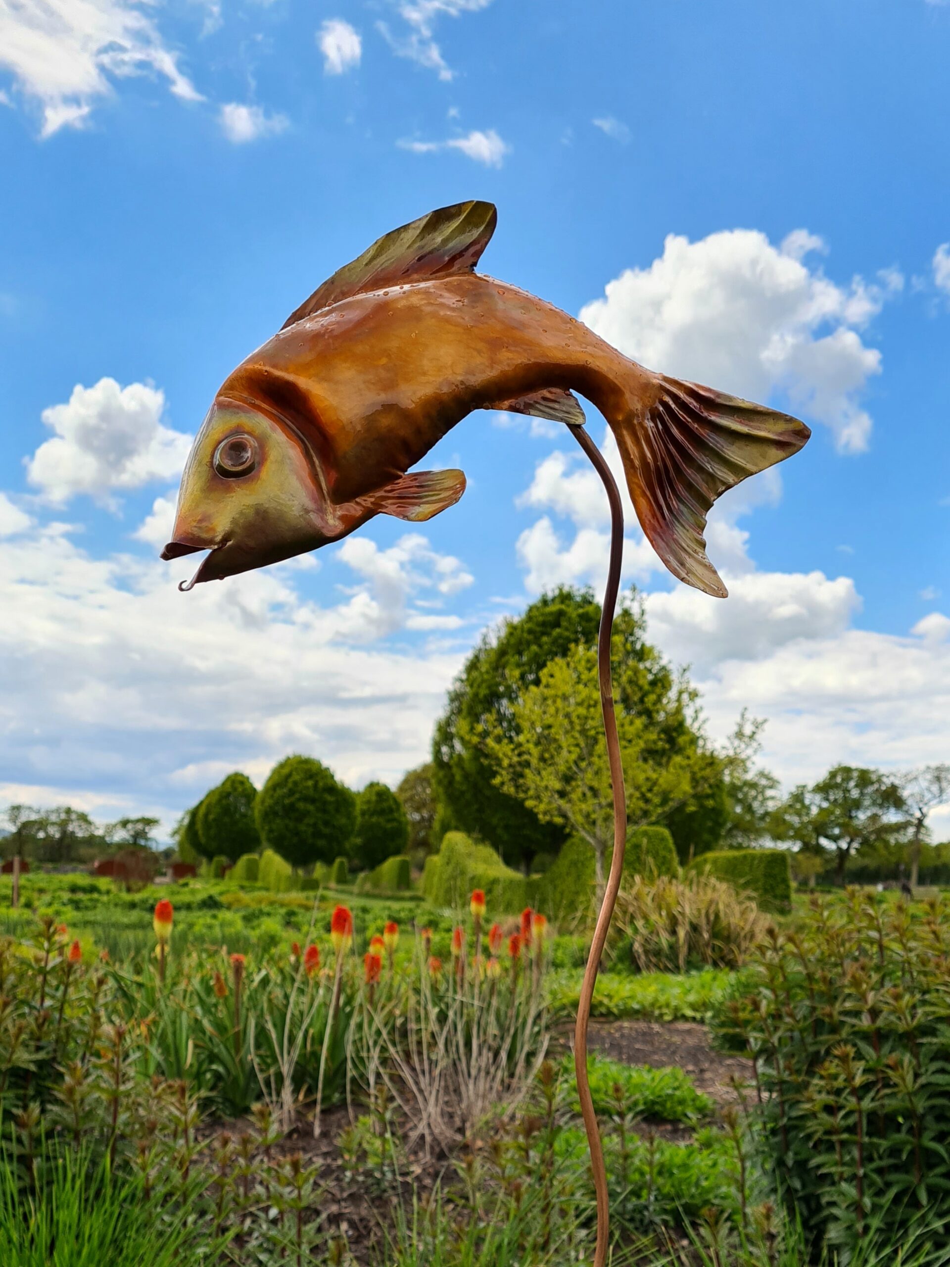 Emily Stone Copper Fish Leaping Sculpture stick 1