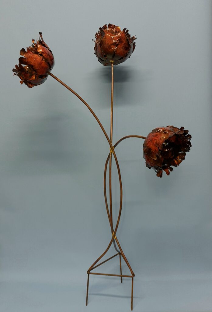 Emily Stone copper flower peony trio sculpture