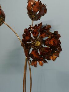 Emily Stone copper flower peony trio sculpture close