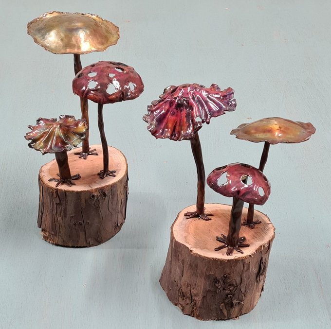 Emily-Stone-copper-mushrooms-on-wood-sculpture