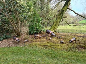 Emily Stone copper pig, yearlings and piglets sculpture